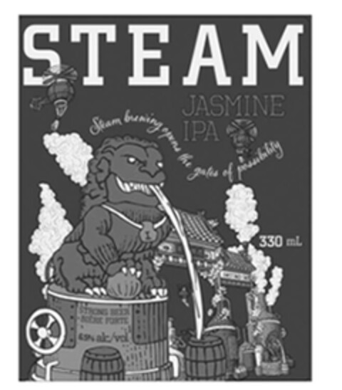STEAM JASMINE IPA Steam brewing opens the gates of possibility 330 mL STRONG BEER BIÈRE FORTE Logo (EUIPO, 02.05.2018)