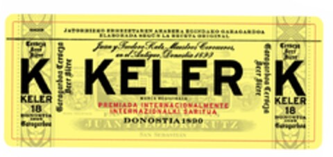 KELER 18 Cerveza Beer Bière K DONOSTIA 1890 Garagardoa JATORRIZKO ERREZETA REN ARABERA EGINDAKO GARAGARDOA ELABORADA SEGÚN LA RECETA ORIGINAL. Juan y Teodoro Kutz, Maestros Cerveceros, en el Antiguo, Donostia 1890 MARCA REGISTRADA Logo (EUIPO, 02.07.2015)