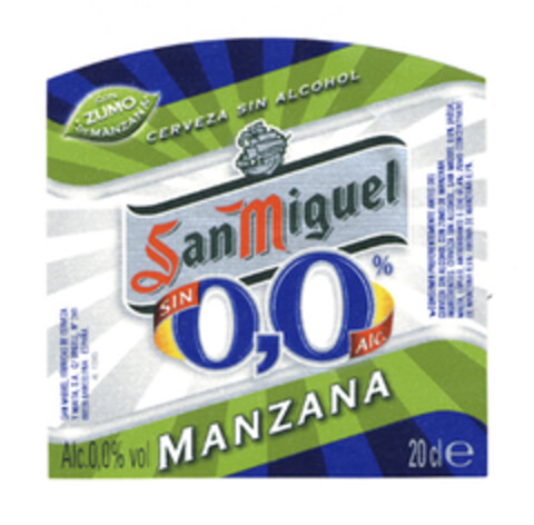 CERVEZA SIN ALCOHOL San Miguel SIN 0,0 Alc. MANZANA Logo (EUIPO, 28.01.2005)