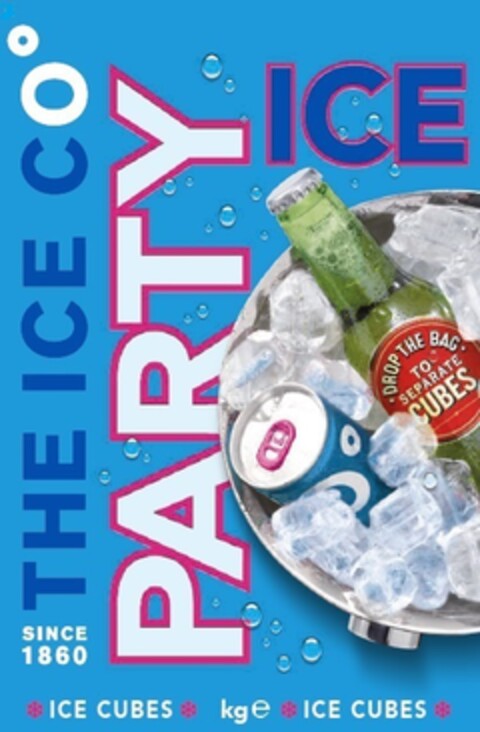 PARTY ICE, THE ICE CO, SINCE 1860, ICE CUBES, DROP THE BAG TO SEPARATE CUBES, kge Logo (EUIPO, 20.02.2018)