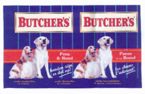 BUTCHER'S met Pens & Rund honden zijn er dol op! BUTCHER'S à la Panse et au Boeuf les chiens l'adorent! Logo (EUIPO, 10/11/2000)