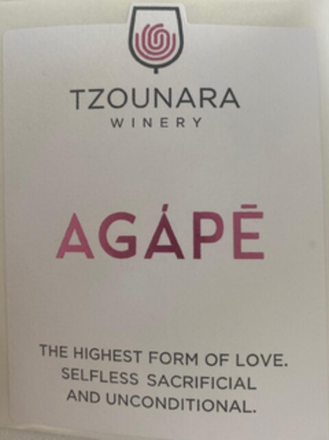 TZOUNARA WINERY AGAPE THE HIGHEST FORM OF LOVE. SELFLESS SACRIFICIAL AND UNCONDITIONAL. Logo (EUIPO, 08/01/2022)