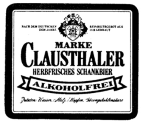 MARKE CLAUSTHALER HERBFRISCHES SCHANKBIER ALKOHOLFREI Logo (IGE, 16.11.1990)