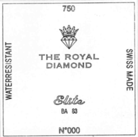 750 THE ROYAL DIAMOND Elite BA 83 No000 WATERRESISTANT SWISS MADE Logo (IGE, 02/29/2000)