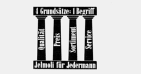 4 Grundsätze: 1 Begriff Qualität Preis Sortiment Service Jelmoli für Jedermann Logo (IGE, 24.02.1993)