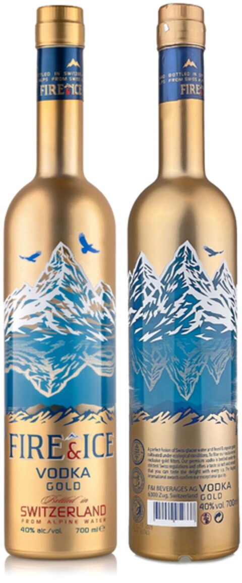 FIRE & ICE VODKA GOLD Bottled in SWITZERLAND FROM ALPINE WATER 40 % alc./vol. 700 ml Logo (IGE, 15.12.2022)