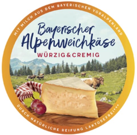 Bayerischer Alpenweichkäse WÜRZIG & CREMIG MIT MILCH AUS DEM BAYERISCHEN VORALPENLAND DURCH NATÜRLICHE REIFUNG LAKTOSEFREI Logo (IGE, 07/18/2023)