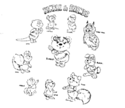 BIMBLE & FRIENDS BIMBLE, CHOMLY, DIGGER, KNOW OWL, OTTY, NUTS, BUNCH, NIBBLE, SPIKE, FUZZ Logo (IGE, 08.02.1988)