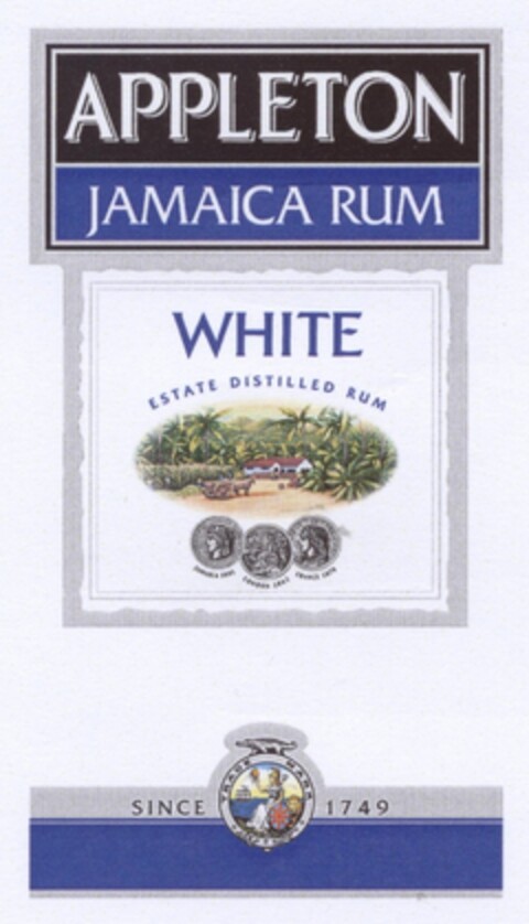 APPLETON JAMAICA RUM WHITE ESTATE DISTILLED RUM SINCE 1749 Logo (IGE, 02/23/2009)