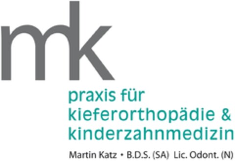 mk praxis für kieferorthopädie & kinderzahnmedizin Martin Katz B.D.S. (SA) Lic. Odont. (N) Logo (IGE, 13.05.2009)
