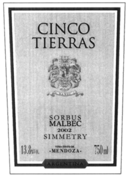 CINCO TIERRAS BANFI SORBUS MALBEC 2002 SIMMETRY 13,8% VOL VINO TINTO DE - MENDOZA - 750 ml ARGENTINA Logo (IGE, 21.07.2003)