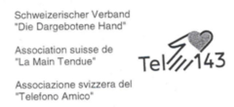 Schweizerischer Verband "Die Dargebotene Hand" Association suisse de "La Main Tendue" Associazione svizzera del "Telefono Amico" Tel 143 Logo (IGE, 03.11.2003)