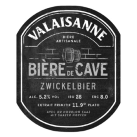 VALAISANNE BIERE ARTISANALE BIERE DE CAVE ZWICKELBIER ALC 5.2% VOL IBU 28 EBC 8.0 EXTRAIT PRIMITIF 11.9 PLATO AVEC DU HOUBLON SAAZ MIT SAAZER HOPFEN Logo (IGE, 01/23/2017)