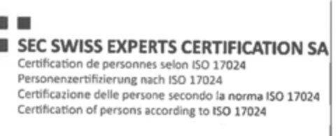 SEC SWISS EXPERTS CERTIFICATION SA Certification de personnes selon ISO 17024 Personenzertifizierung nach ISO 17024 Certificazione delle persone secondo la norma ISO 17024 Certification of persons according to ISO 17024 Logo (IGE, 12/06/2019)