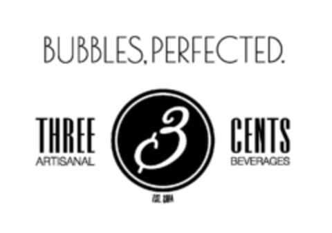 BUBBLES, PERFECTED. THREE CENTS ARTISANAL BEVERAGES EST. 2014 Logo (IGE, 15.01.2024)