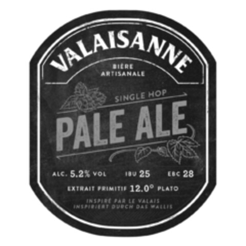 VALAISANNE BIERE ARTISANALE SINGLE HOP PALE ALE ALC. 5.2% VOL IBU 25 EBC 28 EXTRAIT PRIMITIF 12.0 PLATO INSPIRE PAR LE VALAIS INSPIRIERT DURCH DAS WALLIS Logo (IGE, 23.01.2017)