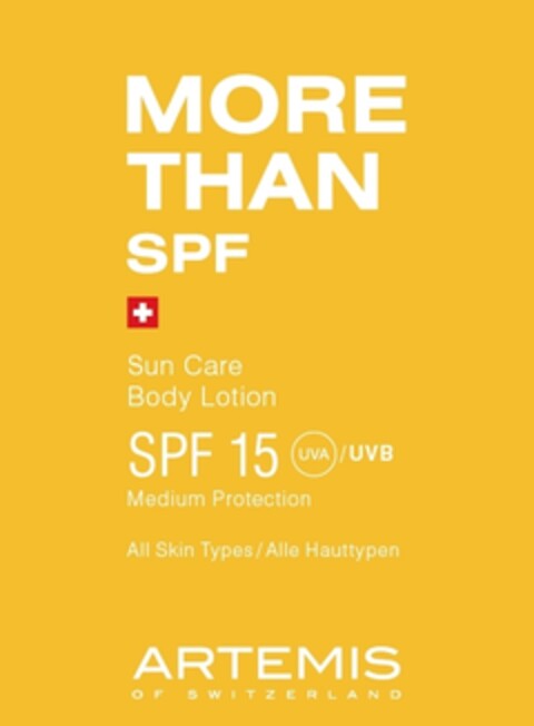 MORE THAN SPF Sun Care Body Lotion SPF 15 UVA / UVB Medium Protection All Skin Types / Alle Hauttypen ARTEMIS OF SWITZERLAND Logo (IGE, 01.01.2017)