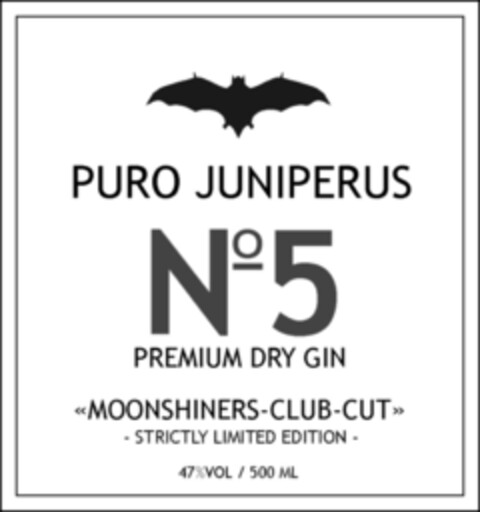 PURO JUNIPERUS No 5 PREMIUM DRY GIN MOONSHINERS-CLUB-CUT - STRICTLY LIMITED EDITION - 47%VOL / 500 ML Logo (IGE, 03/05/2015)