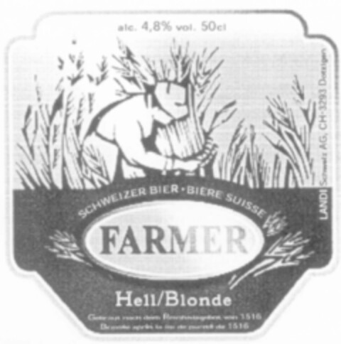 SCHWEIZER BIER BIERE SUISSE FARMER Hell/Blonde Logo (IGE, 12.10.2001)