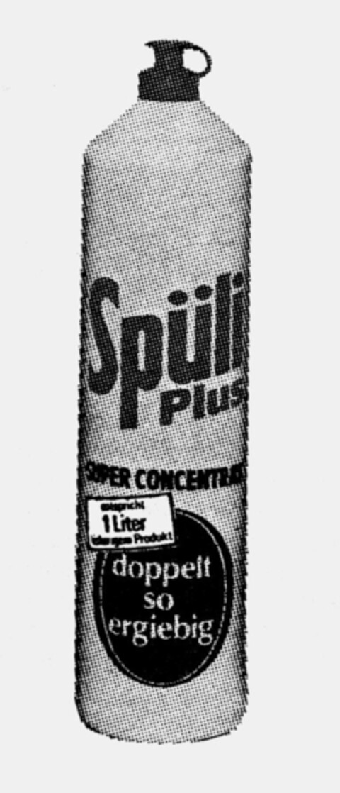 Spüli Plus SUPER CONCENTRAT entspricht 1 Liter bisherigem Produkt doppelt so ergiebig Logo (IGE, 27.03.1984)