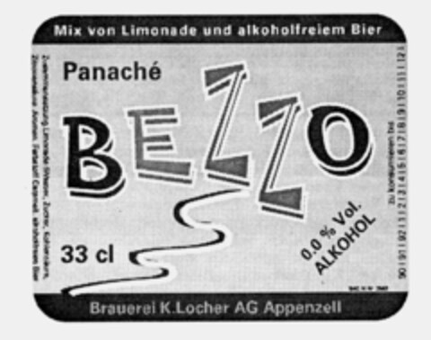 Panaché BEZZO Mix von Limonade und alkoholfreiem Bier 33 cl 0.0 % Vol. ALKOHOL Brauerei K. Locher Appenzell Logo (IGE, 08.06.1990)