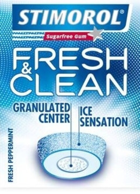 STIMOROL Sugarfree Gum FRESH & CLEAN FRESH PEPPERMINT GRANULATED CENTER ICE SENSATION Logo (IGE, 28.04.2010)