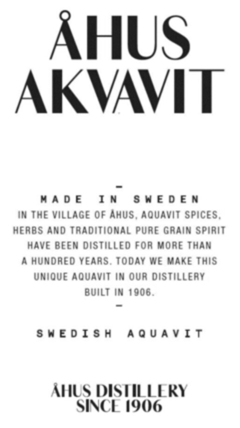 AHUS AKVAVIT MADE IN SWEDEN SWEDISH AQUAVIT AHUS DISTILLERY SINCE 1906 Logo (IGE, 30.05.2018)