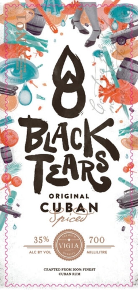 BLACK TEARS ORIGINAL CUBAN Spice 35% ALC BY VOL 700 MILLILITRE PREMIUM VIGIA QUALITY CRAFTED FROM 100% FINEST CUBAN RUM Logo (IGE, 02/18/2016)