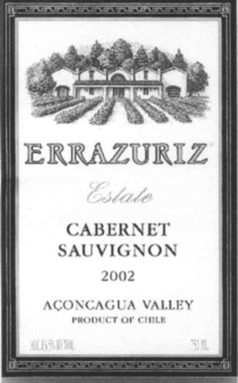 ERRAZURIZ Estate CABERNET SAUVIGNON 2002 ACONCAGUA VALLEY PRODUCT OF CHILE Logo (IGE, 08.07.2003)