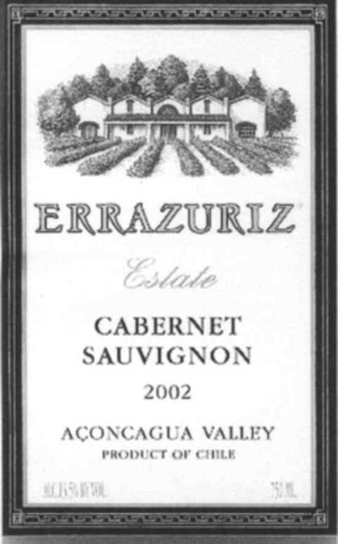 ERRAZURIZ Estate CABERNET SAUVIGNON 2002 ACONCAGUA VALLEY PRODUCT OF CHILE Logo (IGE, 07/08/2003)