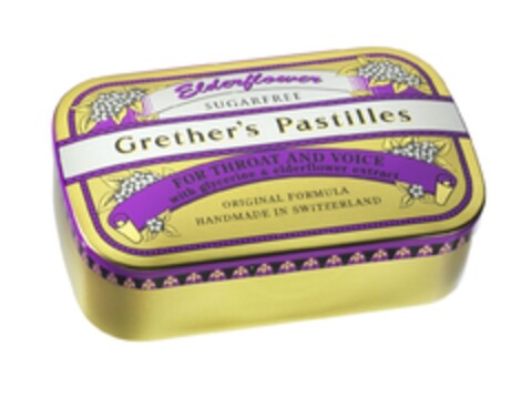 Elderflower SUGERFREE Grether's Pastilles FOR THROAT AND VOICE with glycerine & fruit juce ORIGINAL FORMULA HANDMADE IN SWITZERLAND Logo (IGE, 12/18/2007)