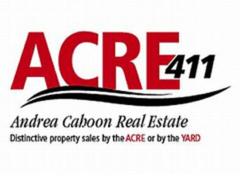 ACRE 411 ANDREA CAHOON REAL ESTATE DISTINCTIVE PROPERTY SALES BY THE ACRE OR BY THE YARD Logo (USPTO, 04/19/2016)