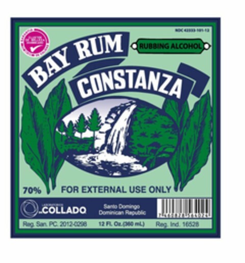 BAY RUM CONSTANZA RUBBING ALCOHOL GARANTIA DE CALIDAD CLUSTER DE BELLEZA DOMINICANO LABORATORIOS DR. COLLADO Logo (USPTO, 06/28/2016)