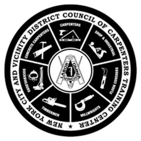 NEW YORK CITY AND VICINITY DISTRICT COUNCIL OF CARPENTERS TRAINING CENTER CONCRETE CARPENTERS CARPENTERS SHOP & INDUSTRIAL FLOOR COVERERS MILLWRIGHTS TIMBERMEN DOCKBUILDERS LABOR OMNIA VINCENT Logo (USPTO, 05/04/2018)