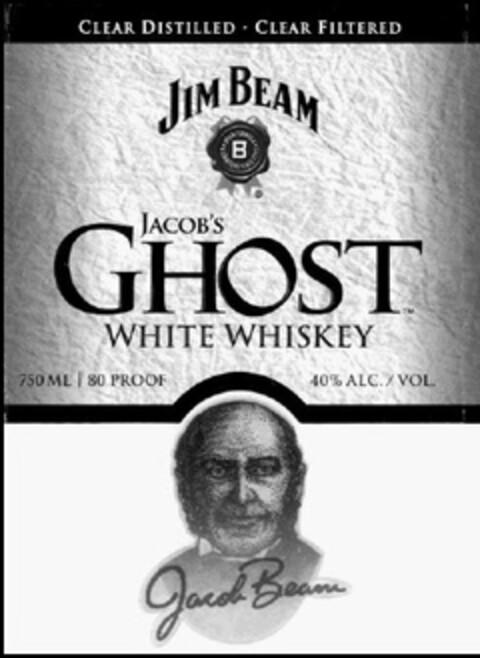CLEAR DISTILLED · CLEAR FILTERED JIM BEAM B JACOB'S GHOST WHITE WHISKEY JACOB BEAM Logo (USPTO, 20.07.2012)