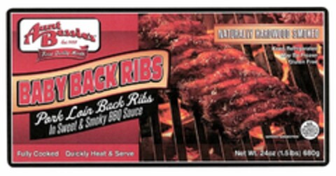 AUNT BESSIE'S EST. 1958 FINEST QUALITY MEATS BABY BACK RIBS PORK LOIN BACK RIBS IN SWEET & SMOKY BBQ SAUCE NATURALLY HARDWOOD SMOKED Logo (USPTO, 04/17/2015)