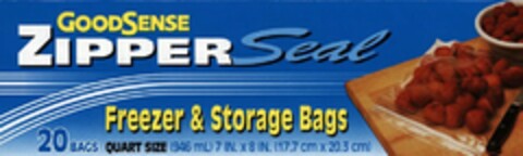 GOODSENSE ZIPPER SEAL FREEZER & STORAGEBAGS 20 BAGS QUART SIZE (946 ML) 7 IN. X 8 IN. (17.7 CM X 20.3 CM) Logo (USPTO, 04/23/2012)