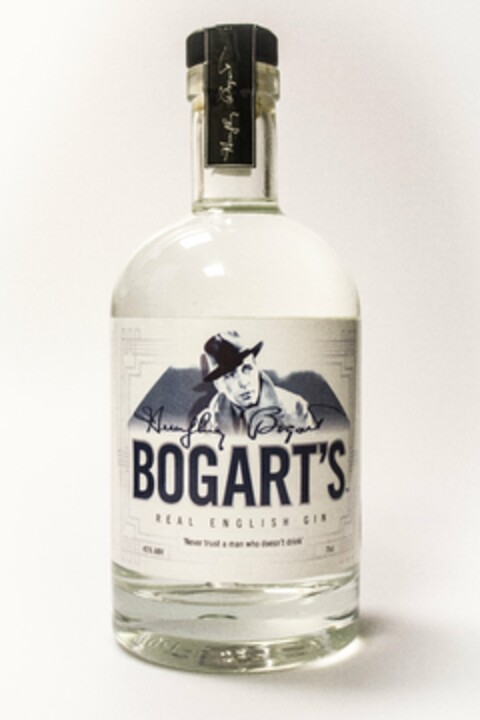 HUMPHREY BOGART BOGART'S REAL ENGLISH GIN 'NEVER TRUST A MAN WHO DOESN'T DRINK' 45% ABV 75CL Logo (USPTO, 08/01/2014)