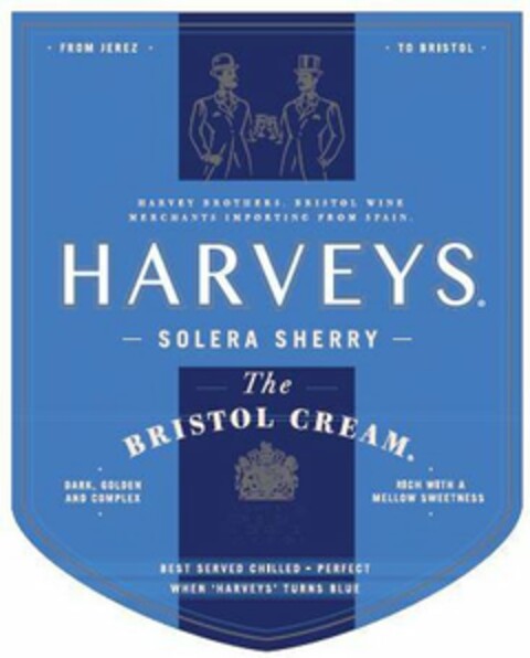 HARVEYS SOLERA SHERRY THE BRISTOL CREAM. FROM JEREZ TO BRISTOL HARVEY BROTHERS, BRISTOL WINE MERCHANTS IMPORTING FROM SPAIN DARK, GOLDEN AND COMPLEX RICH WITH A MELLOW SWEETNESS BEST SERVED CHILLED-PERFECT WHEN 'HARVEYS' TURNS BLUE Logo (USPTO, 01/10/2019)