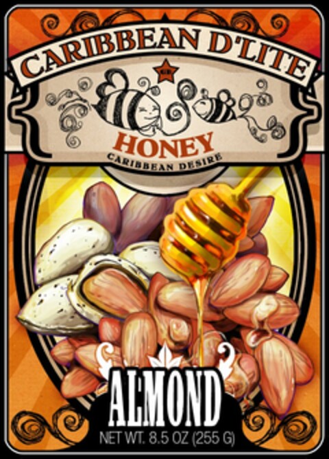 CARIBBEAN D'LITE, GB, HONEY, CARIBBEAN DESIRE, ALMOND, NET WT. 8.5 OZ. (255 G) Logo (USPTO, 11.11.2009)