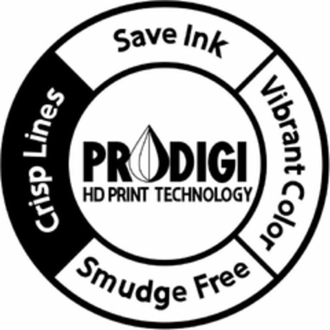 PRODIGI HD PRINT TECHNOLOGY CRISP LINESSAVE INK VIBRANT COLOR SMUDGE FREE Logo (USPTO, 06/02/2017)