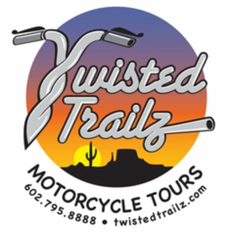 TWISTED TRAILZ MOTORCYCLE TOURS 602.795.8888 · TWISTEDTRAILZ.COM Logo (USPTO, 13.04.2012)