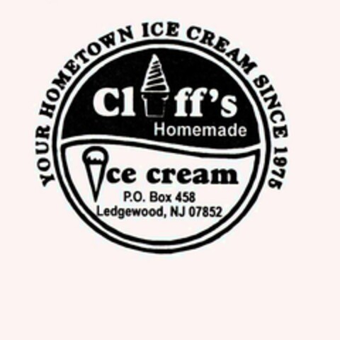 CLIFFS HOMEMADE ICE CREAM YOUR HOMETOWNICE CREAM SINCE 1975 OPEN ALL YEAR Logo (USPTO, 05/17/2009)