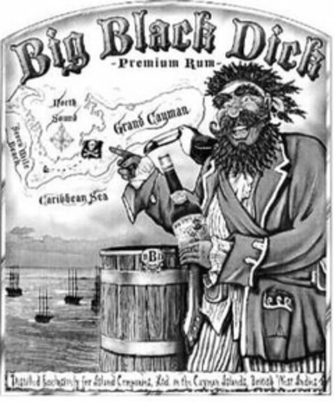 BIG BLACK DICK -PREMIUM RUM- NORTH SOUND, GRAND CAYMAN, SEVEN MILE BEACH, CARIBBEAN SEA, DISTILLED EXCLUSIVELY FOR ISLAND COMPANIES LTD. IN THE CAYMAN ISLANDS, BRITISH WEST INDIES Logo (USPTO, 20.06.2012)