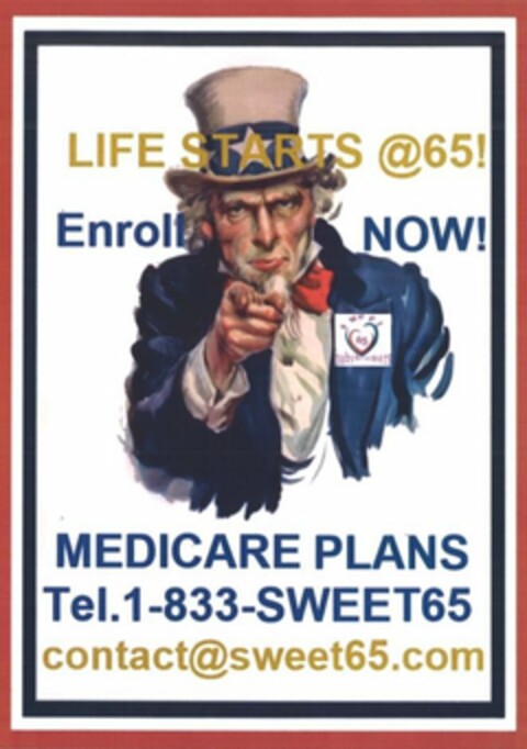 LIFE STARTS @65! ENROLL NOW! MEDICARE PLANS TEL. 1-833-SWEET65 CONTACT@SWEET65.COM Logo (USPTO, 28.05.2020)