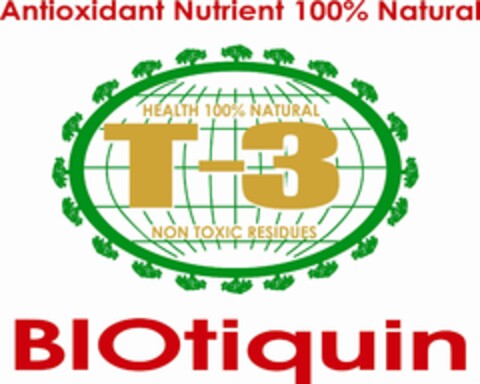 ANTIOXIDANT NUTRIENT 100% NATURAL HEALTH 100% NATURAL T-3 NON TOXIC RESIDUES BIOTIQUIN Logo (USPTO, 23.09.2009)