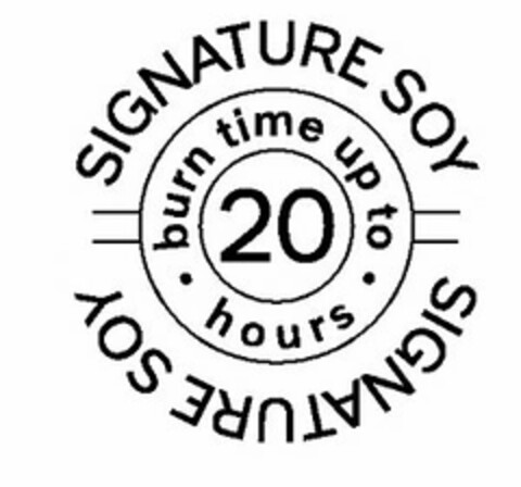 SIGNATURE SOY · BURN TIME UP TO · 20 HOURS SIGNATURE SOY Logo (USPTO, 07/29/2014)