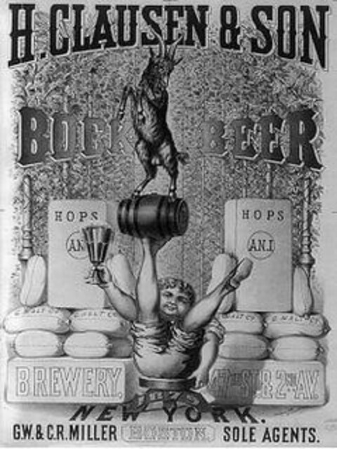 H. CLAUSEN & SON BOCK BEER HOPS AN.J. G. MALT CO. BREWERY, 47TH ST.8 2ND AV. 1879 NEW YORK G.W. & C.R. MILLER BOSTON SOLE AGENTS. Logo (USPTO, 02.08.2017)