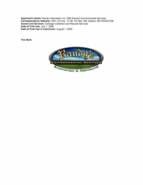 RANDY'S ENVIRONMENTAL SERVICES SANITATION & RECYCLING Logo (USPTO, 01/29/2009)