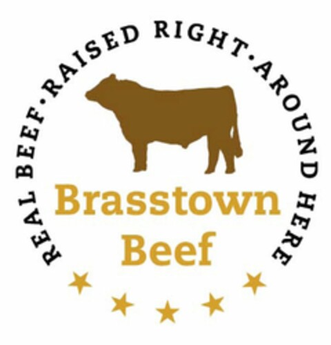 BRASSTOWN BEEF REAL BEEF ? RAISED RIGHT · AROUND HERE Logo (USPTO, 12.06.2009)